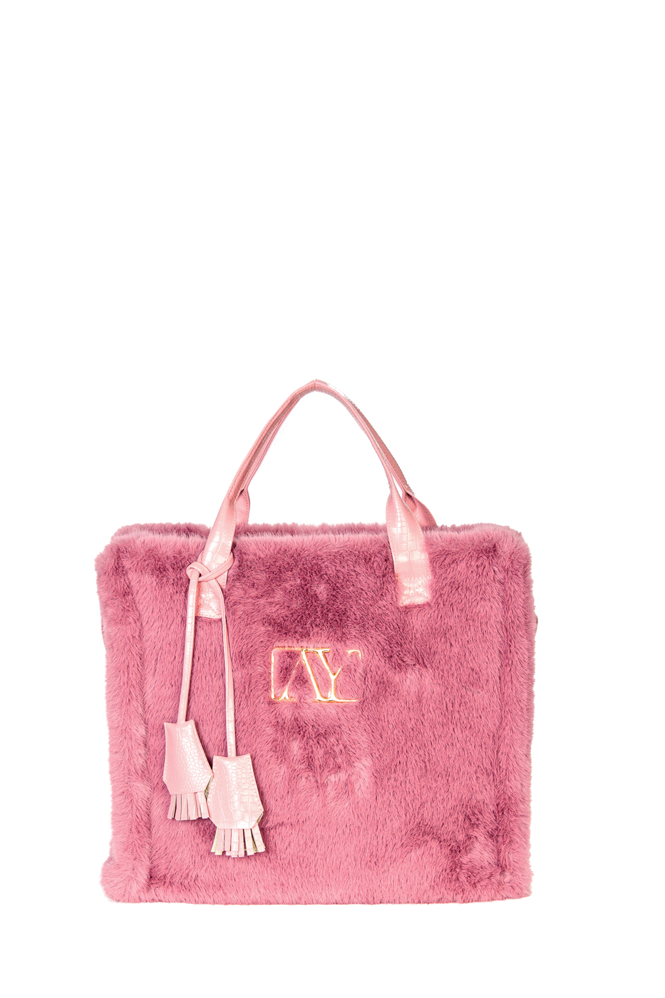 BORSA FAKE FUR CON LOGO E MANICO ECOPELLE, 35X30X15 - DUSTY PINK